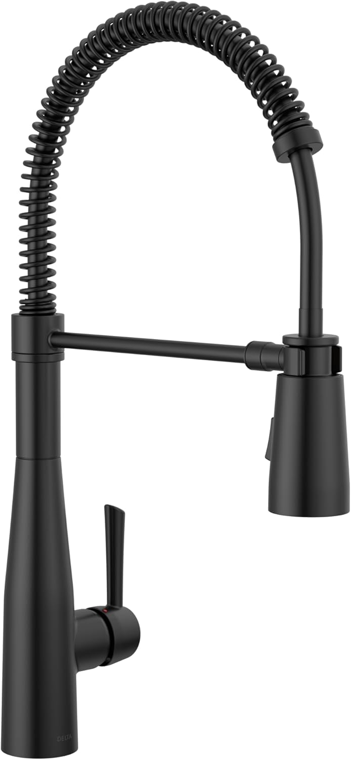 Delta Essa Pro Style Commercial Kitchen Faucet with Pull Down Sprayer, Matte Black Single Hole Kitchen Sink Faucet, Single Handle, Matte Black 9613-BL-DST