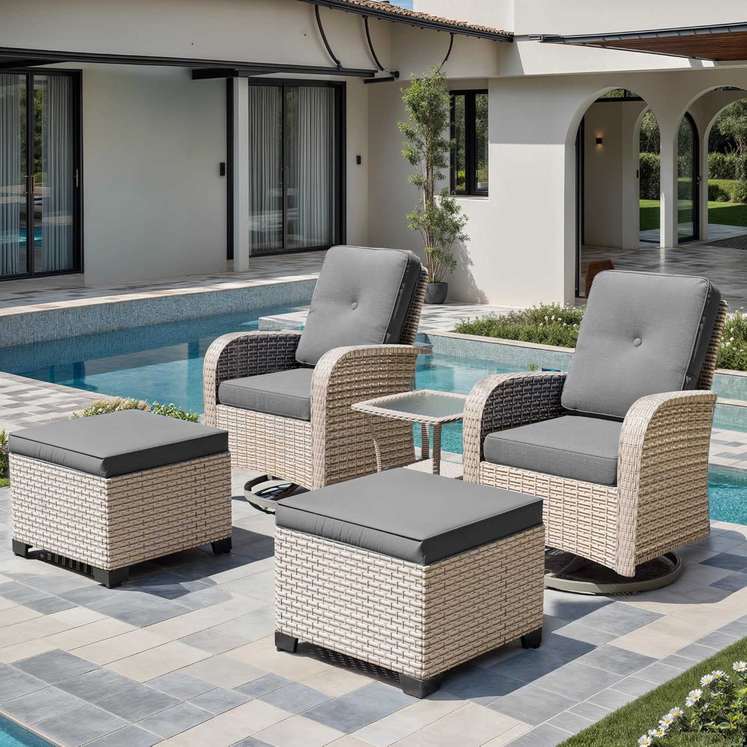 5 Pieces Patio Furniture Set with 2 Ottomans, Outdoor Swivel Glider Rocker Chairs with Rattan Side Table, Wicker Patio Bistro Sets with Thickened Cushions, Grey