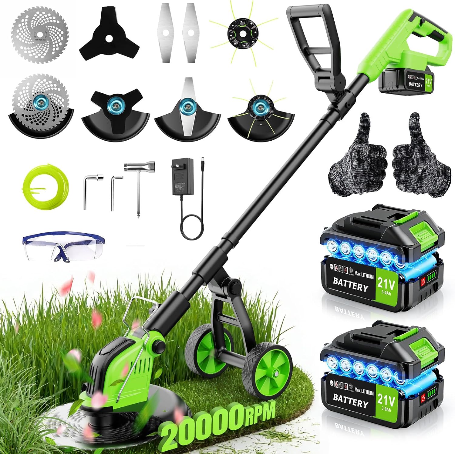 20,000RPM Cordless Electric Weed Wacker, 800W Brushless Weed Eater with Wheels, 12
