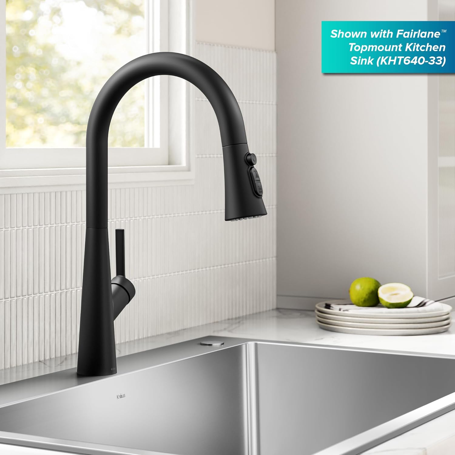 KRAUS Odelia 4-Function Single Handle Pull Down Kitchen Faucet in Matte Black with CleanSweep Blade Spray, KPF-3220MB