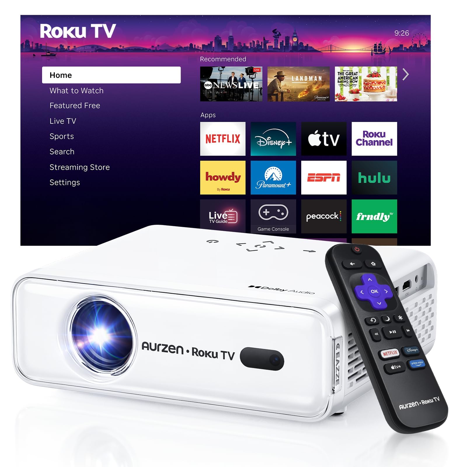 AURZEN Roku Smart Projector, 1080P FHD, Bluetooth & Wifi