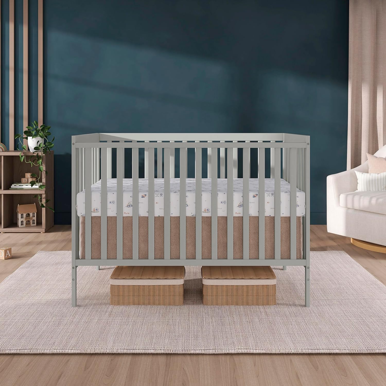 Dream On Me Synergy 5-in-1 Convertible Full-Size Baby Crib with Toddler, Day & Full Bed Conversion in Cool Grey, GreenGuard Gold & BSA, 3 Mattress Heights, Sustainable Pinewood