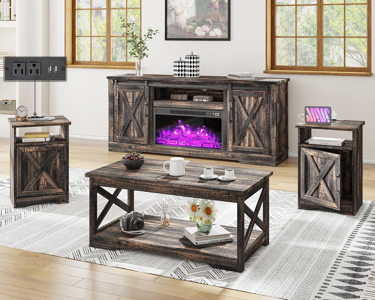 AMERLIFE 5-Piece Farmhouse Table Set Includes Fireplace TV Stand, Coffee Table& Two End Tables with Charging Station and USB Ports, for Living Room, Dark Oak, 63