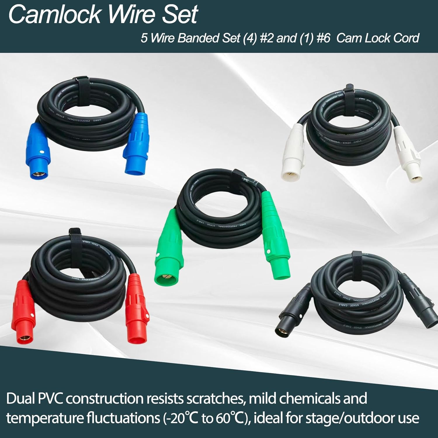 25 FT Stage Lighting Cable, Camlock Wire Set with 5 Wire Banded Set (4) #2 and (1) #6 Outdoor Rated Cam Lock Cord, 600V Cam Lock Power Cables for Industrial, 5 Straps, Replace Type SC Cable