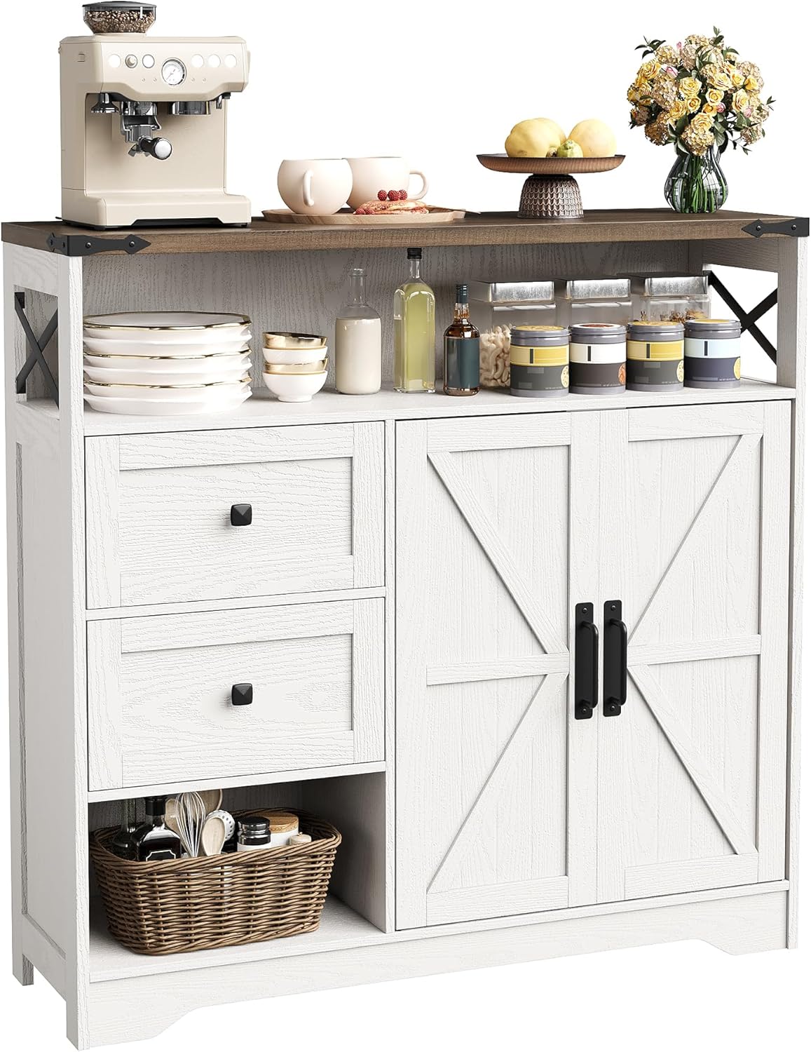 Vabches Farmhouse Buffet Sideboard Cabinet with Drawers and Open Shelf, 38.5