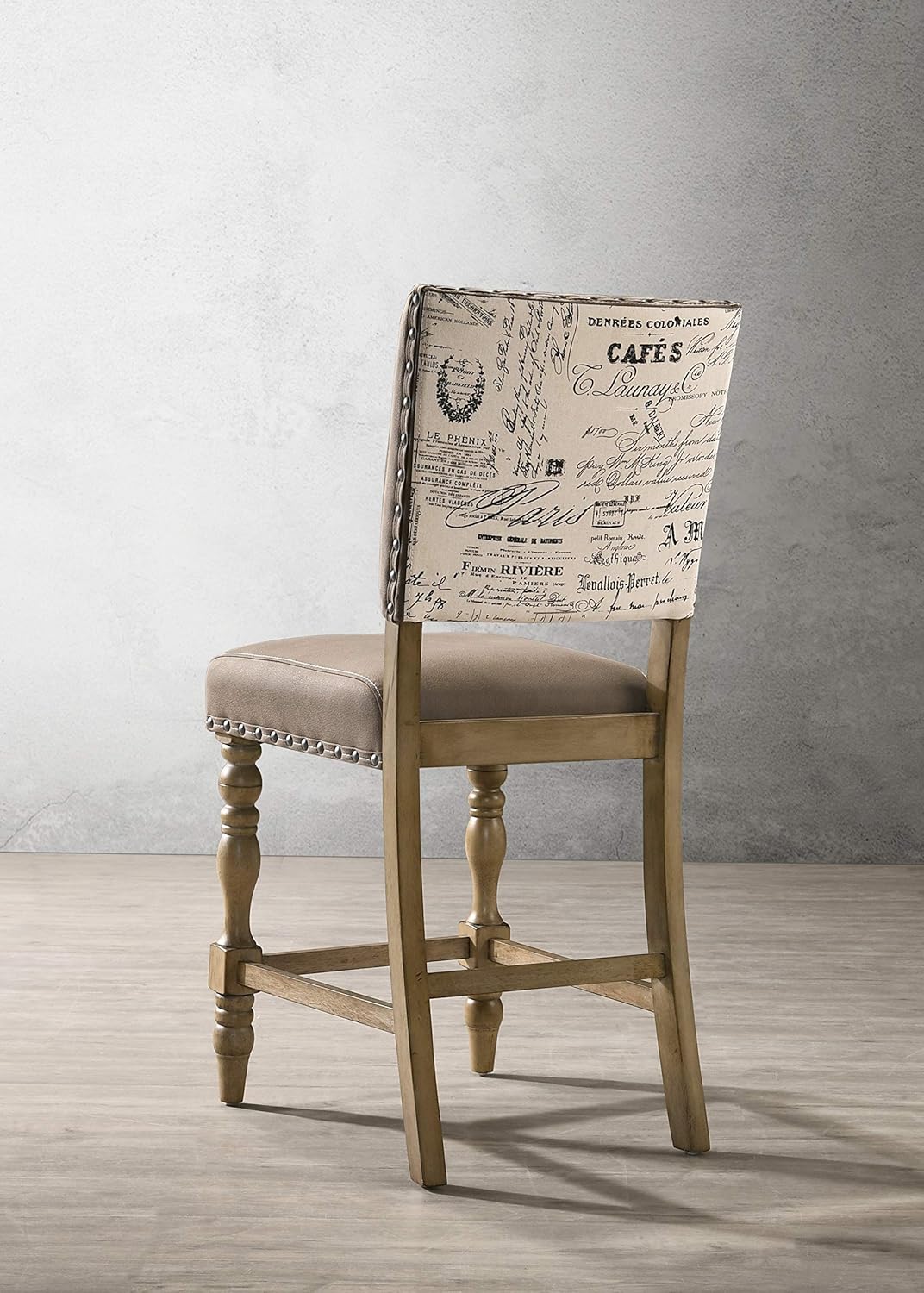 Roundhill Furniture Birmingham Script Printed Driftwood Finish Counter Height Dining Chair with Nail Head, Set of 2