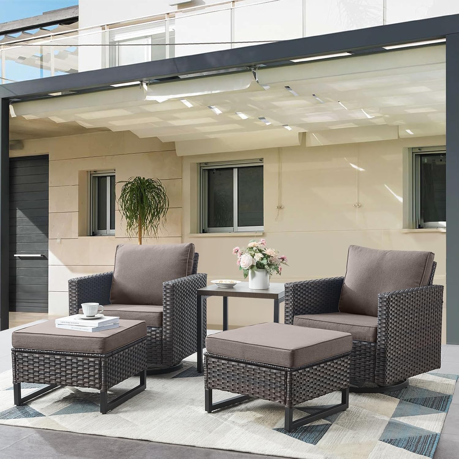 Outdoor Swivel Rocker Chairs - 5 Piece Patio Bistro Set Wicker Patio Rocking Chairs Set with Side Table and Ottomans, 360° Swivel Glider Proch Furniture for Balcony Deck - Brown/Grey