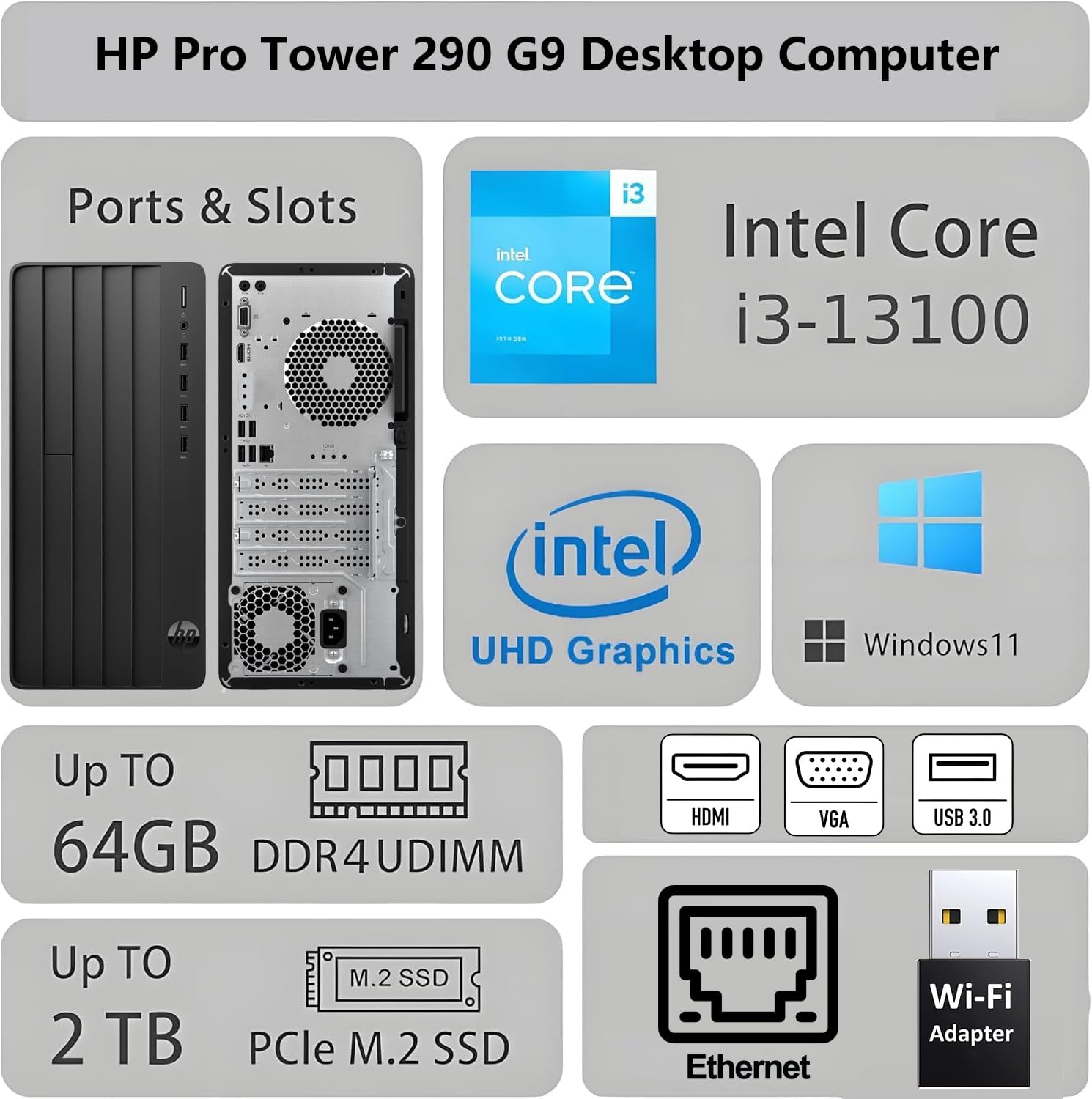 HP Desktop Computer 2026 Tower for Home Student & Business, 13th Gen Intel Quad-Core Processor, 8GB DDR4 RAM, 256GB PCIe SSD, WiFi Adapter, VGA, RJ-45, HDMI, Keyboard and Mouse, Windows 11 Home