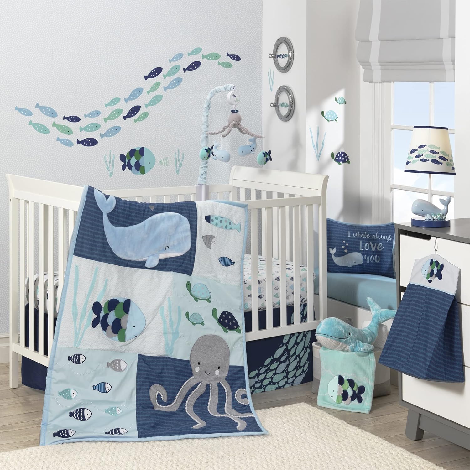 Lambs & Ivy Oceania 6-Piece Baby Crib Bedding Set - Blue Ocean, Nautical, Aquatic, Whale, Octopus Theme
