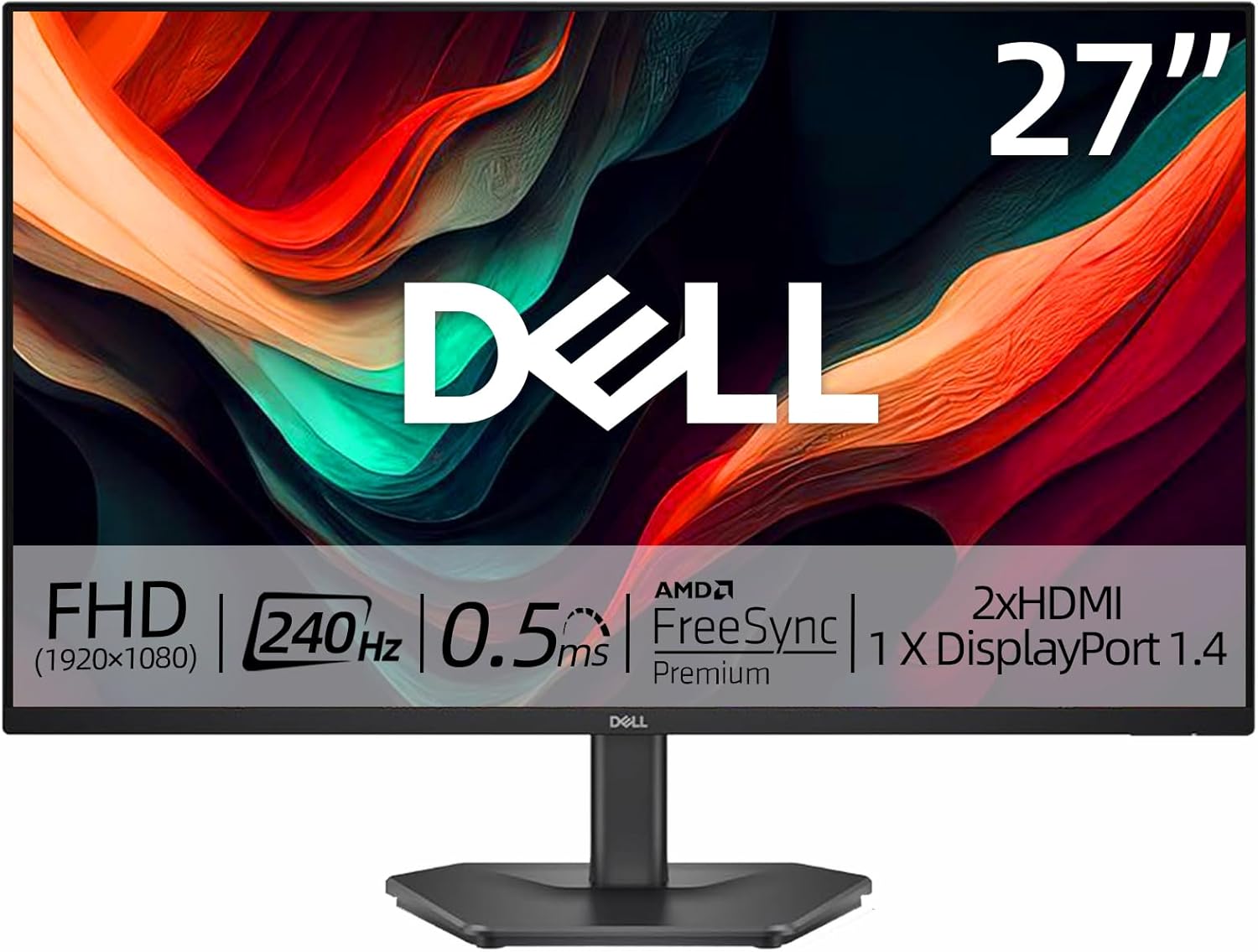 Dell 27 inch Gaming Monitor, FHD (1920x1080), 240Hz, IPS Panel, AMD FreeSync Premium, 0.5ms, LED Display, sRGB 99%, VESA, Comfortview, 2 X HDMI, 1 X DisplayPort, Tilt Adjustable. Black