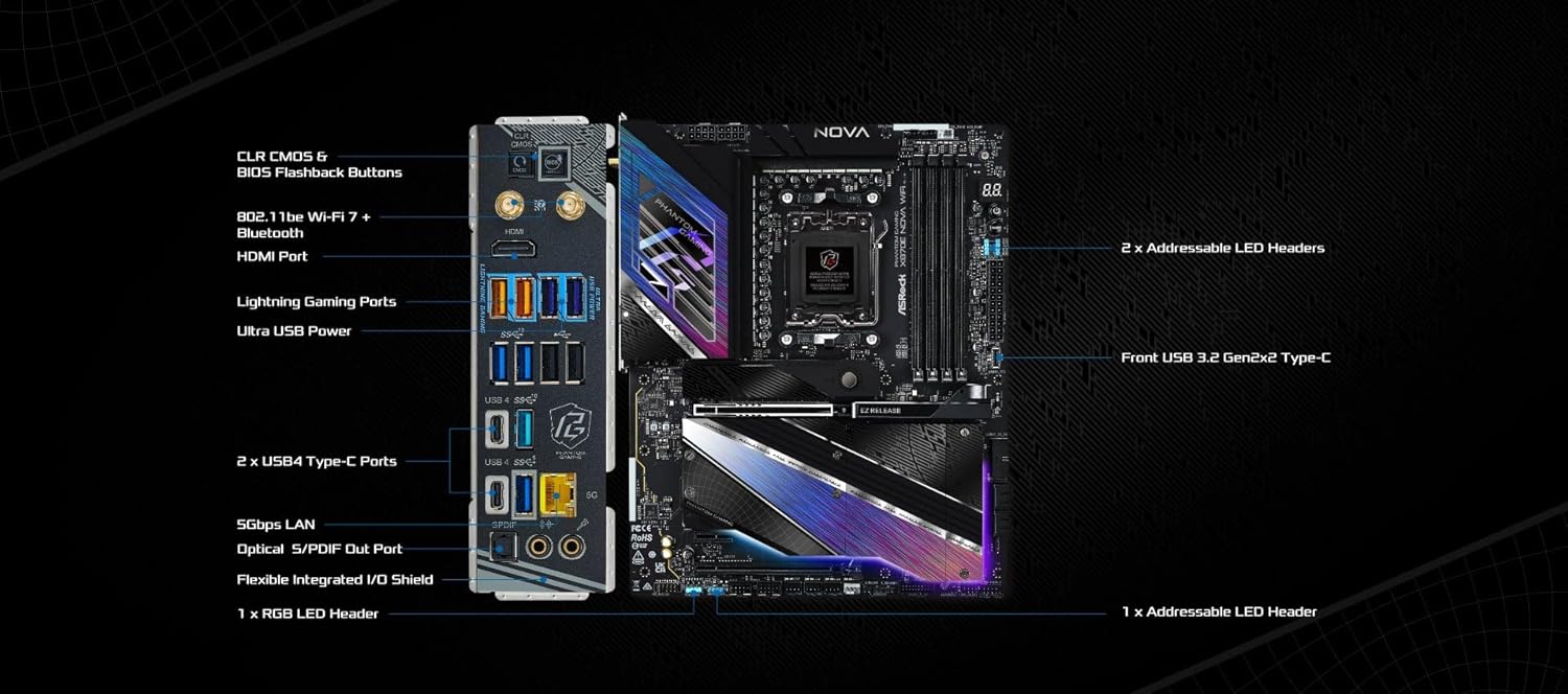 ASRock Phantom Gaming X870E Nova WiFi Socket AM5 AMD Ryzen X870 DDR5 DIMMs 8200 MHz 256 GB ATX Motherboard USB4