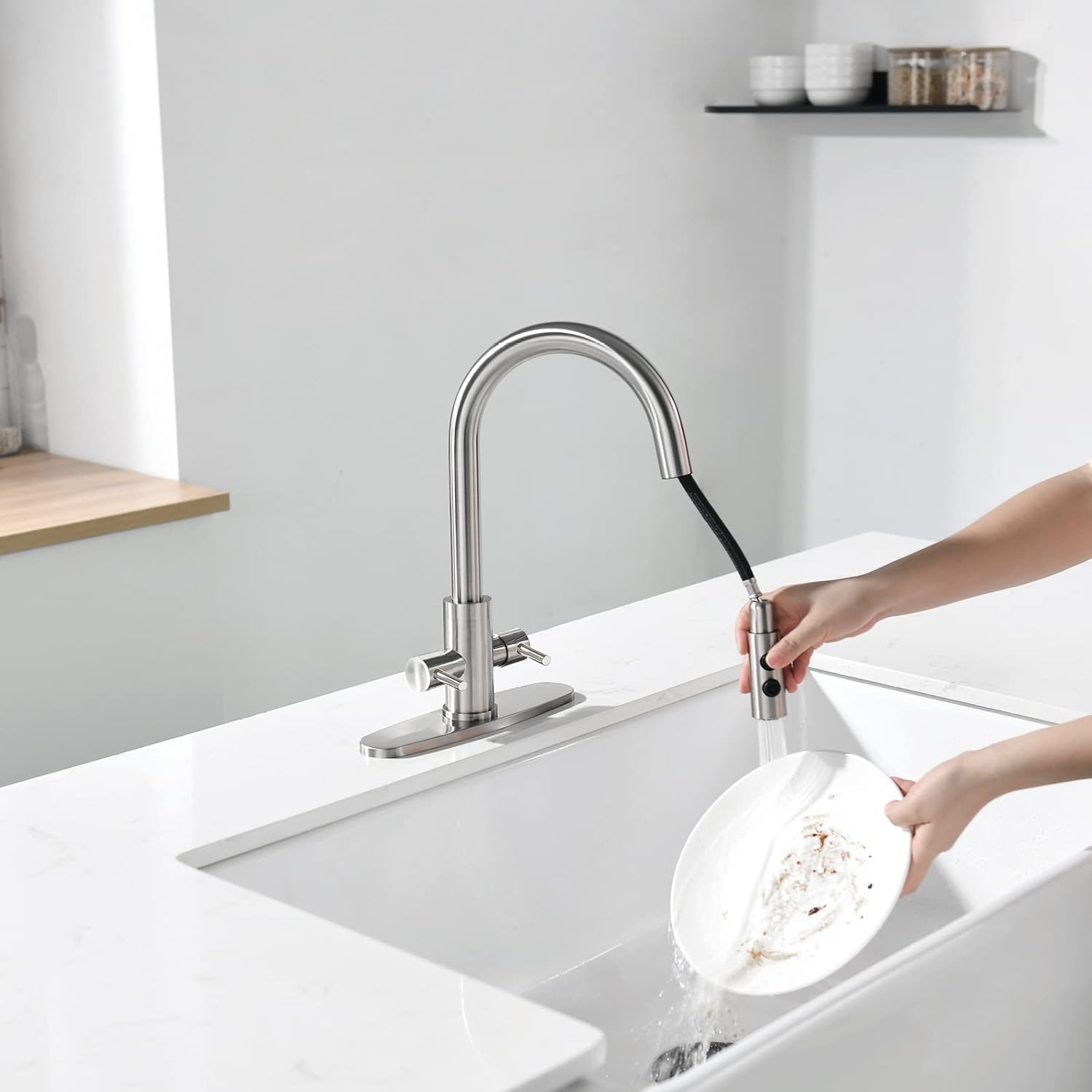 Kitchen Faucet, Two Handles Sink Faucet with Sprayer, Stainless Steel, Brushed Nickel, PB1045