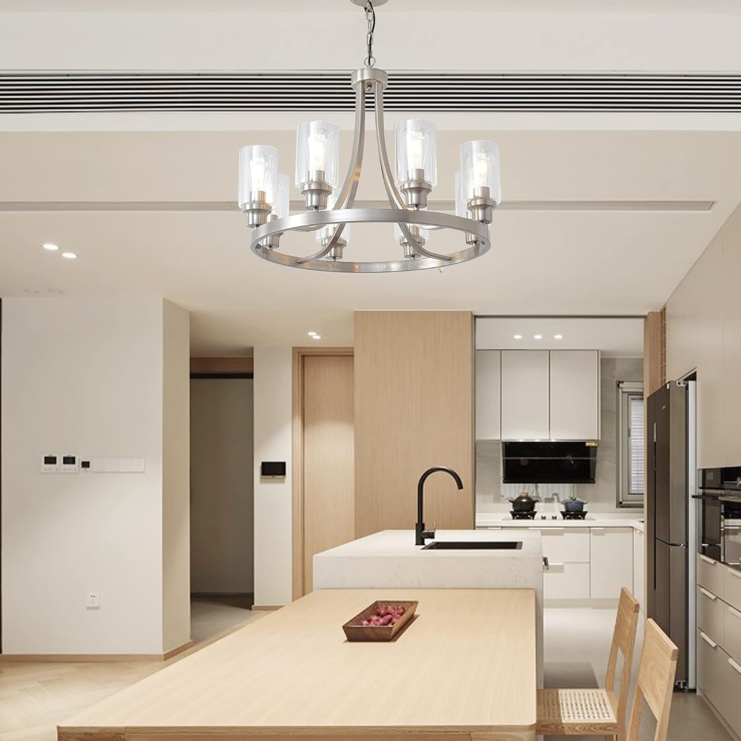 Modern Brushed Nickel Chandelier 8 Lights, Dining Room Lighting Fixtures Farmhouse Chandelier Hanging Industrial Pendant Lighting for Kitchen Island Dining Room