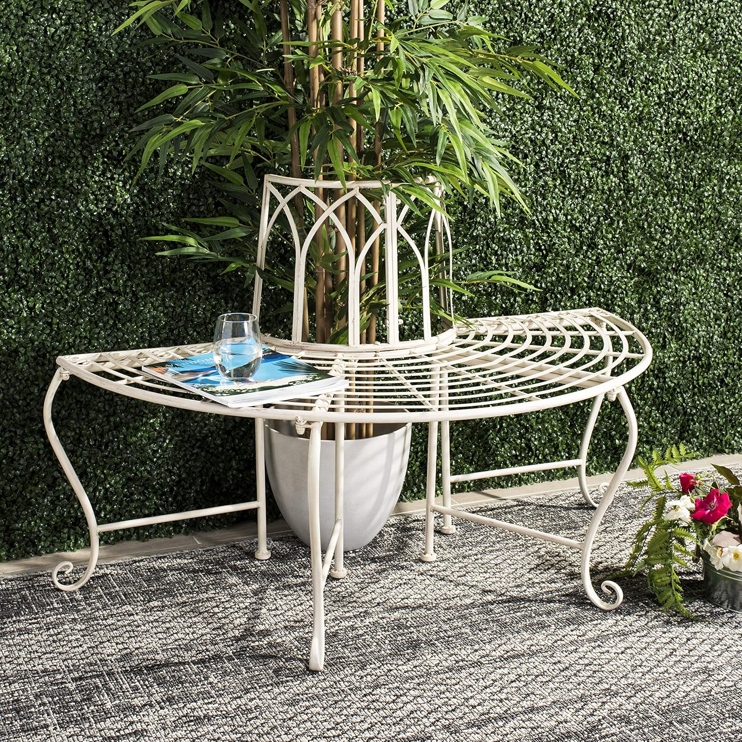 SAFAVIEH Outdoor - Abia Iron Tree Bench - Distressed White Iron Metal - Vintage Scrollwork Garden Design - Ideal for Patio, Deck, Porch, Garden, 17