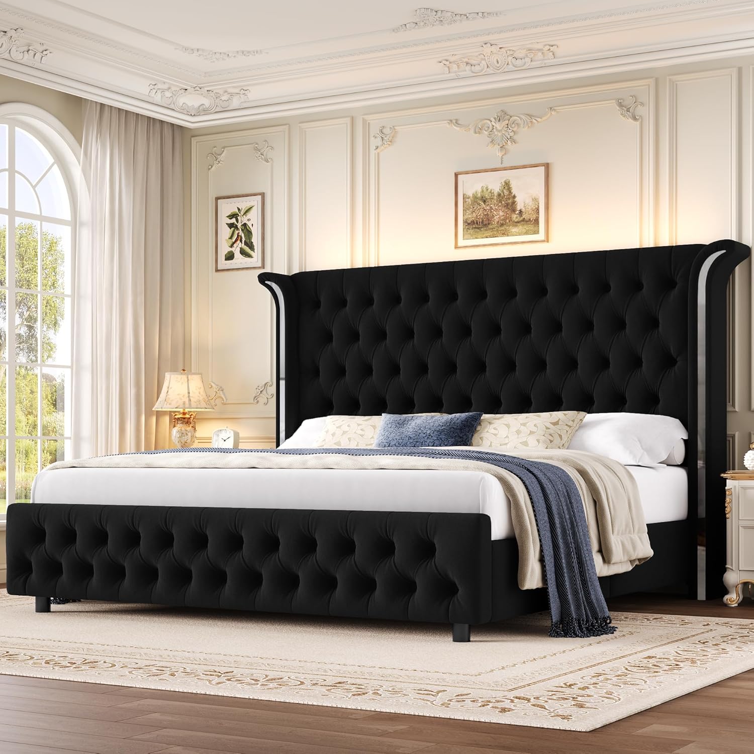 Keyluv Queen Smart LED Bed Frame with Button Tufted Wingback Headboard & Elegant Sliver Metal Decor, Velvet Upholstered Platform Bed with Handmade Pleats Footboard, Sturdy Wood Slats, Black