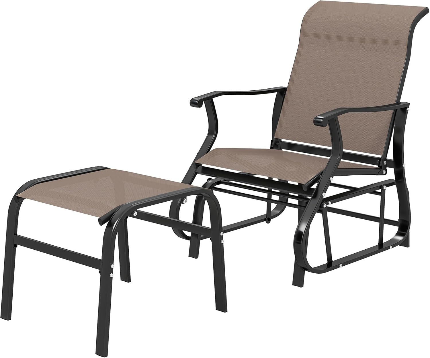 Brown Outdoor Glider Chair with Matching Ottoman Set, Steel Frame - Patio Swing Chair with Smooth Gliding Motion for Porch, Garden, Backyard Relaxation,Outdoor Rocking Chair