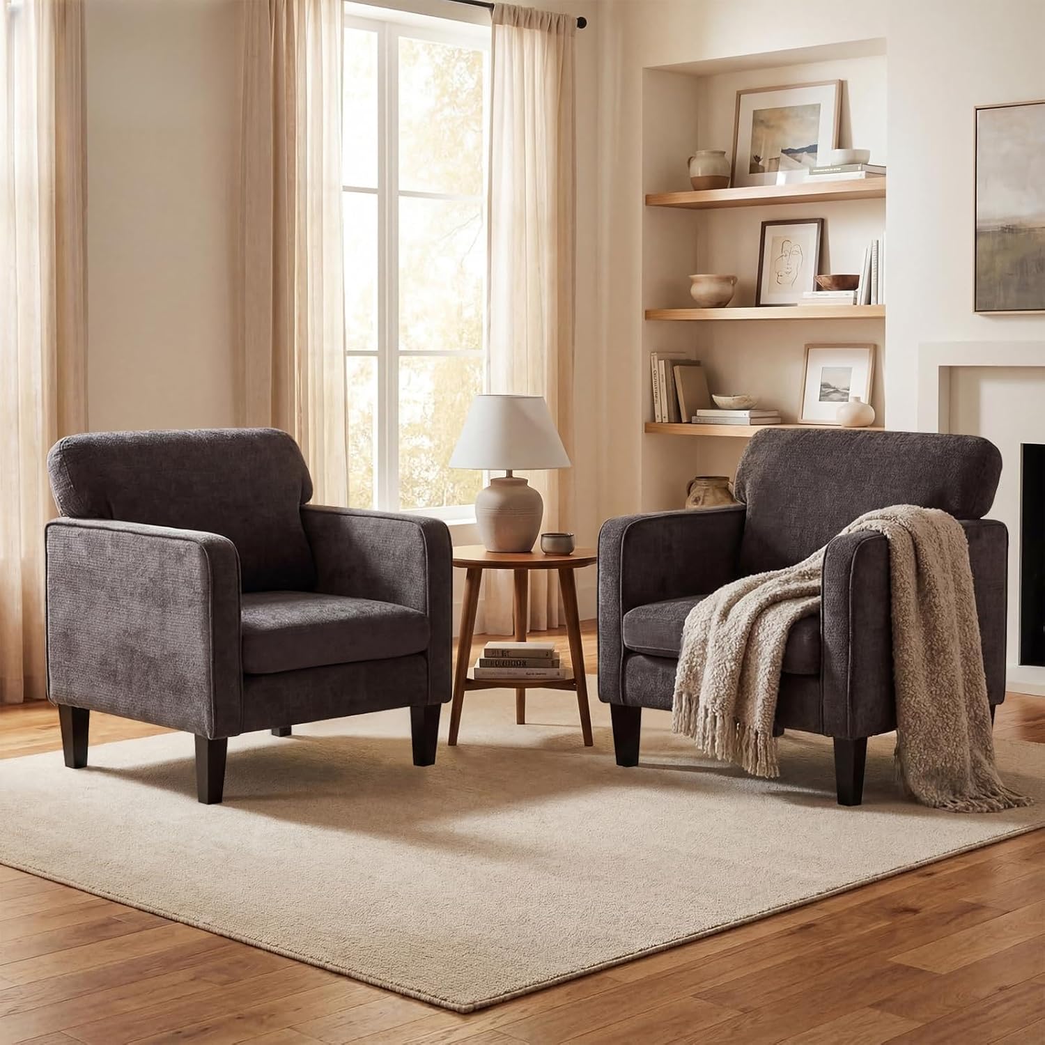 Modern Accent Chairs for Living Room, Corner Chairs for Adults, Reading Chair with Armrest and Backrest, Comfy Lounge Chairs for Bedroom Reception Waiting Room, Dark Grey 2 Pack