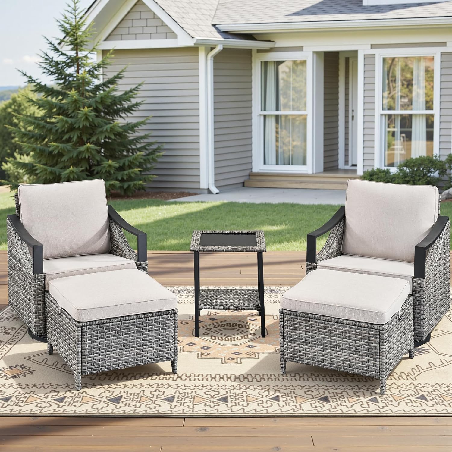 5 Pieces Outdoor Patio Furniture Sets - Rattan Patio Swivel Glider Chairs with 2 Ottomans and Glass Side Table, Outdoor Conversation Sets for Porch Balcony Deck - Beige/Gray