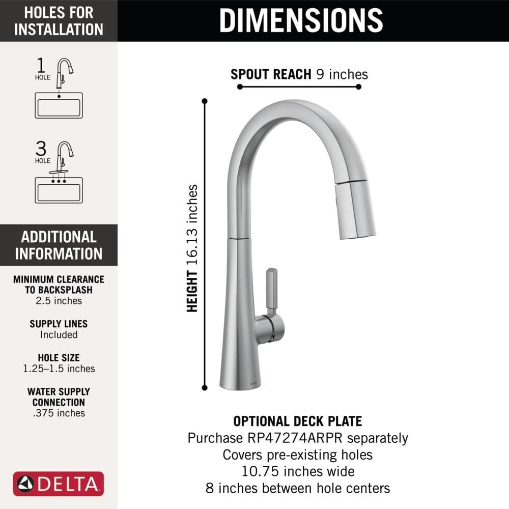 Delta Faucet Monrovia Brushed Nickel Kitchen Faucet, Kitchen Faucets with Pull Down Sprayer, Kitchen Sink Faucet with Magnetic Docking, Lumicoat Arctic Stainless 9191-AR-PR-DST