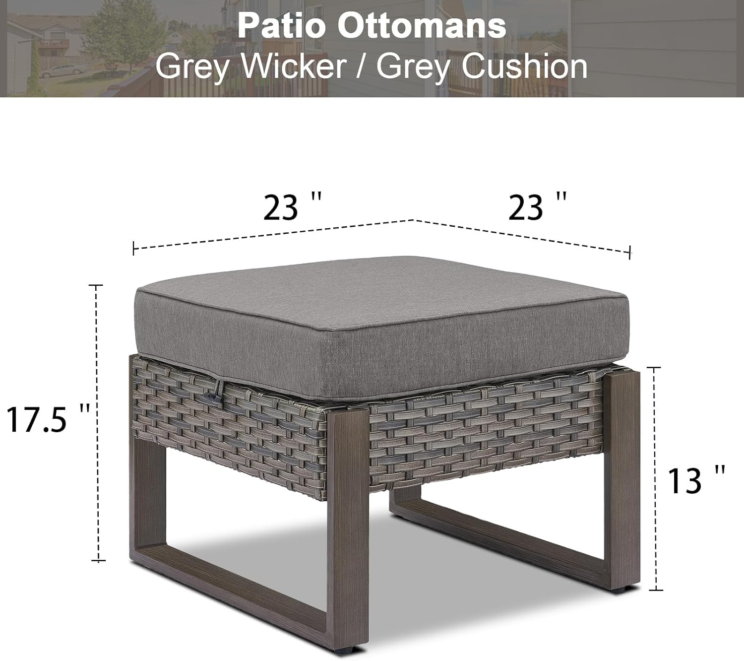 Belord Outdoor Ottomans for Patio - 250 LBS Weight Capacity Wicker Foot Rest Set of 2 with Woodgrain Lacquered Metal Frame Multipurpose Outdoor Foot Stool for Porch Balcony Backyard (Grey/Grey)
