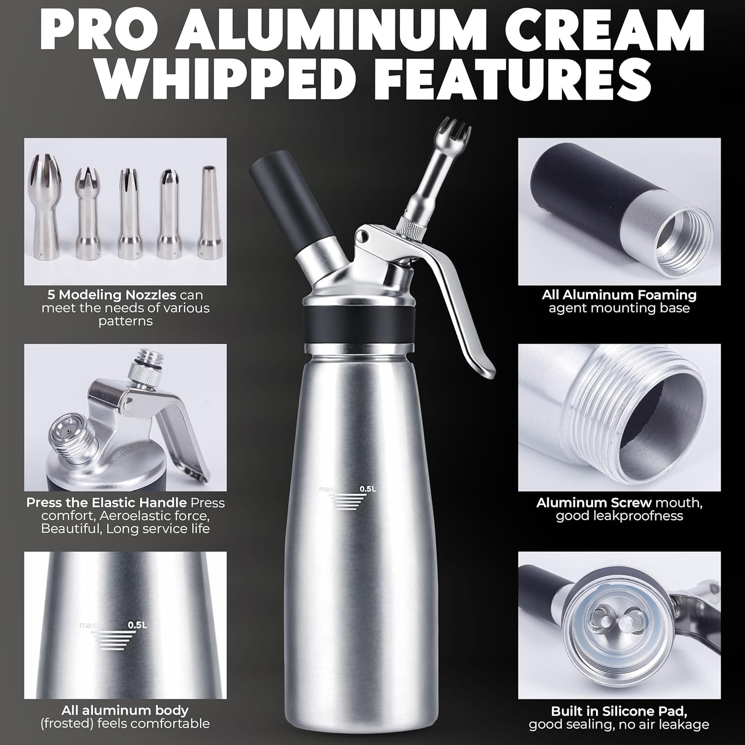 Professional Aluminum Whipped Cream Dispenser – Leak-Resistant Whip Cream Maker with 5 Stainless Steel Decorating Nozzles & Cleaning Brush – 1-Pint / 500 mL Cream Whipper