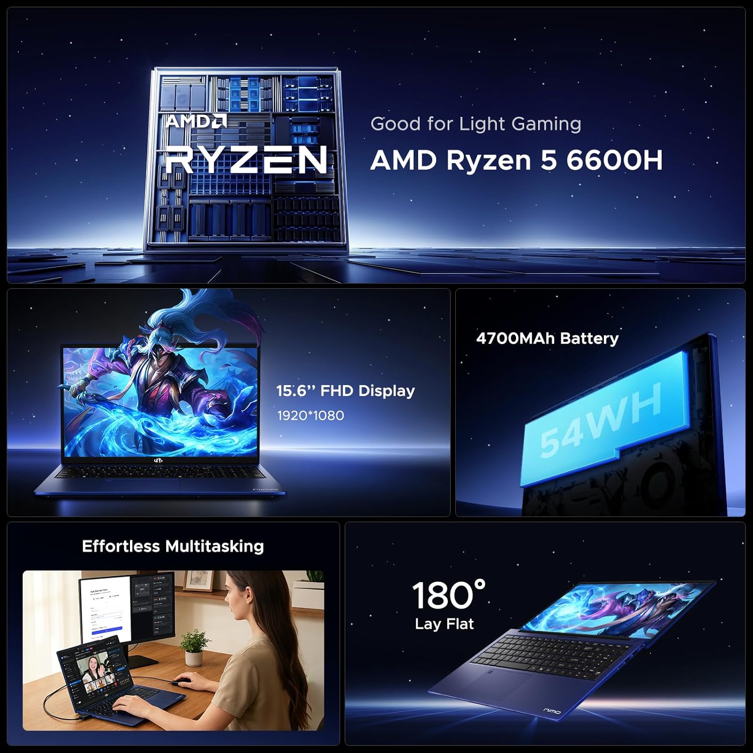 NIMO 2026 AMD Gaming Laptop, Ryzen 5 6600H& Radeon 660M Graphics(Beat i7-1165G7, up to 4.5GHz), 16GB DDR5 RAM 256GB SSD, 2-Year Warranty, 15.6 Inch FHD Display, USB-C 100W, Backlit Keyboard,180° View
