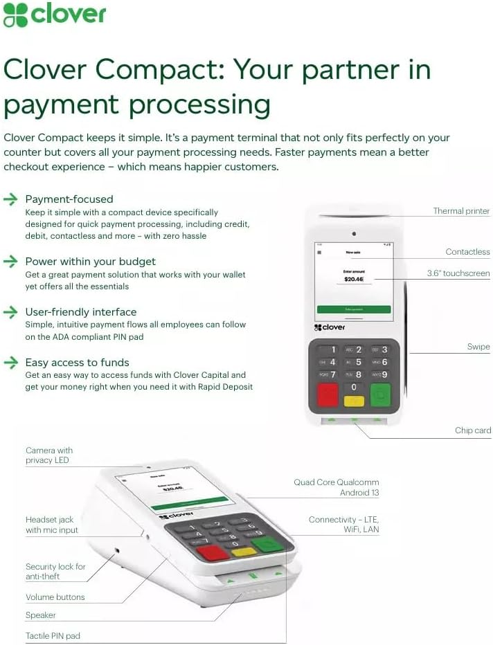 Clover Compact Payment Terminal - Requires New Merchant Processing Account Through Powering POS.
