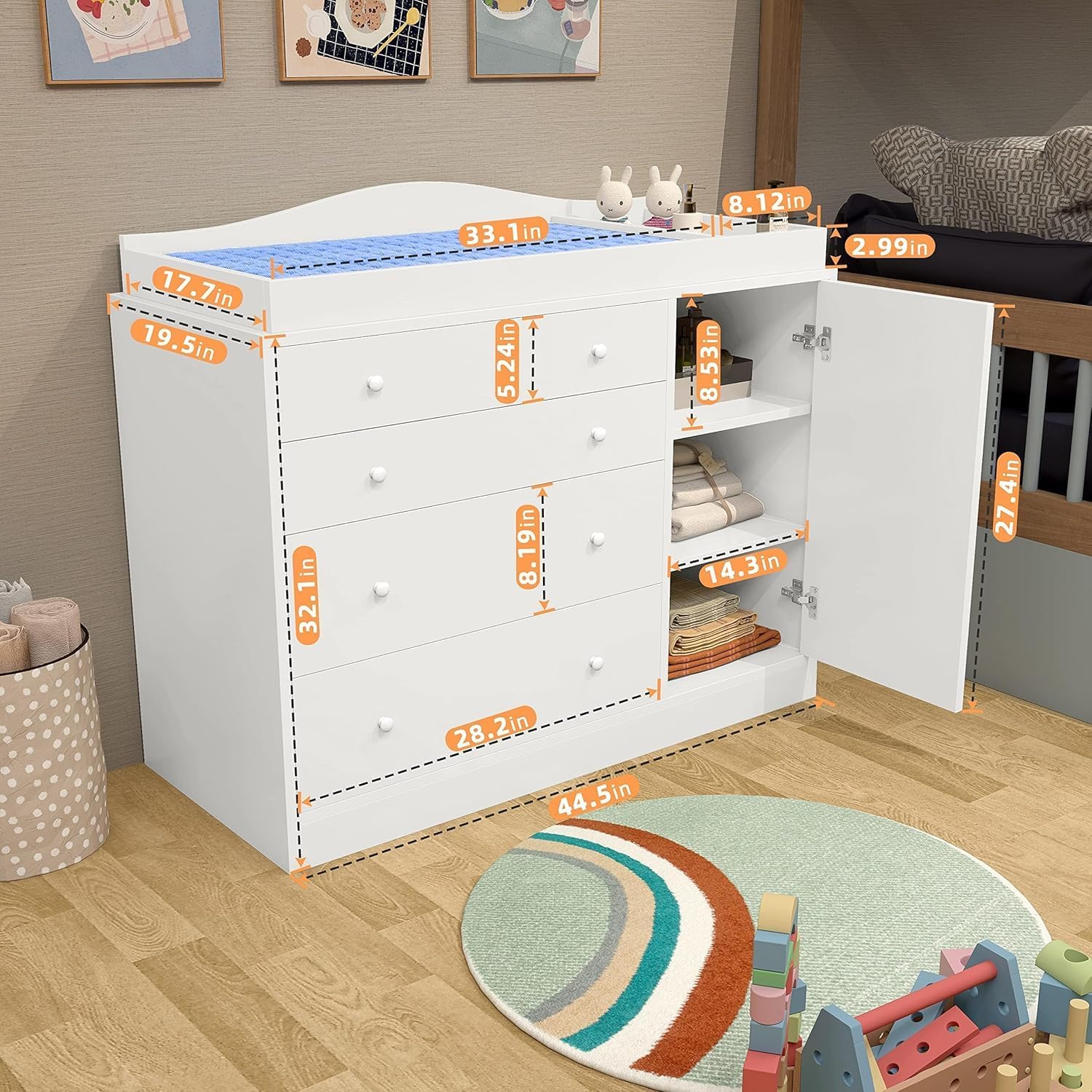 Changing Table with 4 Drawers and Open Storage Space, Drawer Changing Table