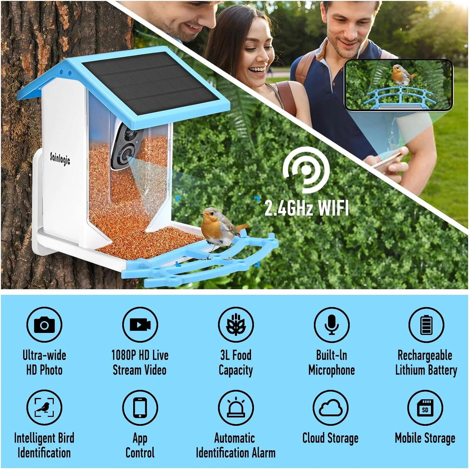 Smart Bird Feeder with 1080P HD Camera, Camera Bird Feeder Identify Bird Species with 2 Solar Panels, Video Bird Feeder with WiFi & Motion Detection, Smart Bird Feeders as Gifts(Light Blue)