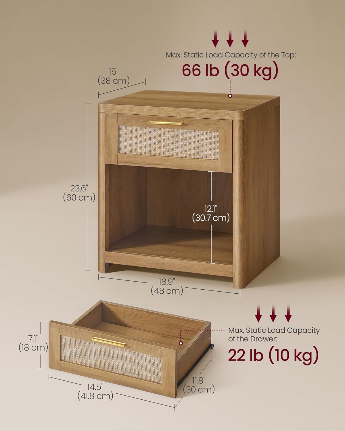 VASAGLE ELLAN Collection - Boho Nightstands with Rattan-Look Drawer, Set of 2 Accent Side End Tables with Open Compartment, Rounded Corners, for Bedroom Bedside, Natural Brown ULET818KC01