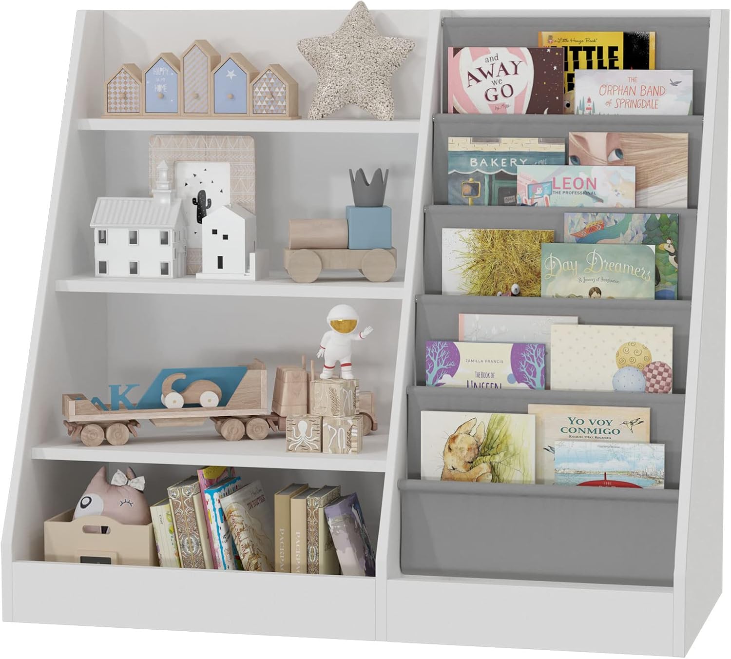 HedoAjim 4 Tier Kids Wooden Bookshelf, 5 Layer Sling Toddler Bookcase,Baby Storage Book Rack,Book and Toy Organizer Cabinet,Children Book Display,Playroom Nursery Classroom Kid Room
