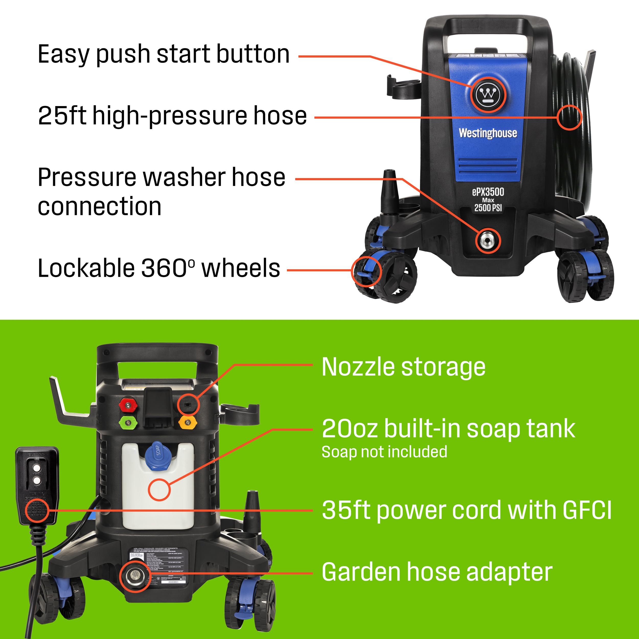 WESTINGHOUSE ePX3500 Electric Pressure Washer, 2500 PSI, 1.76 GPM
