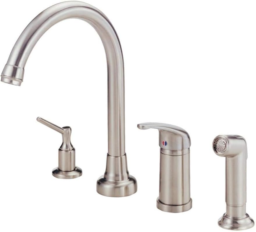 Gerber Melrose SKitchen Faucet with Side Spray and Soap Dispenser - Transitional 4-Hole Single Handle Kitchen Sink Faucet, Swivel Spout, Heavy-Duty Brass, Stainless Steel Finish