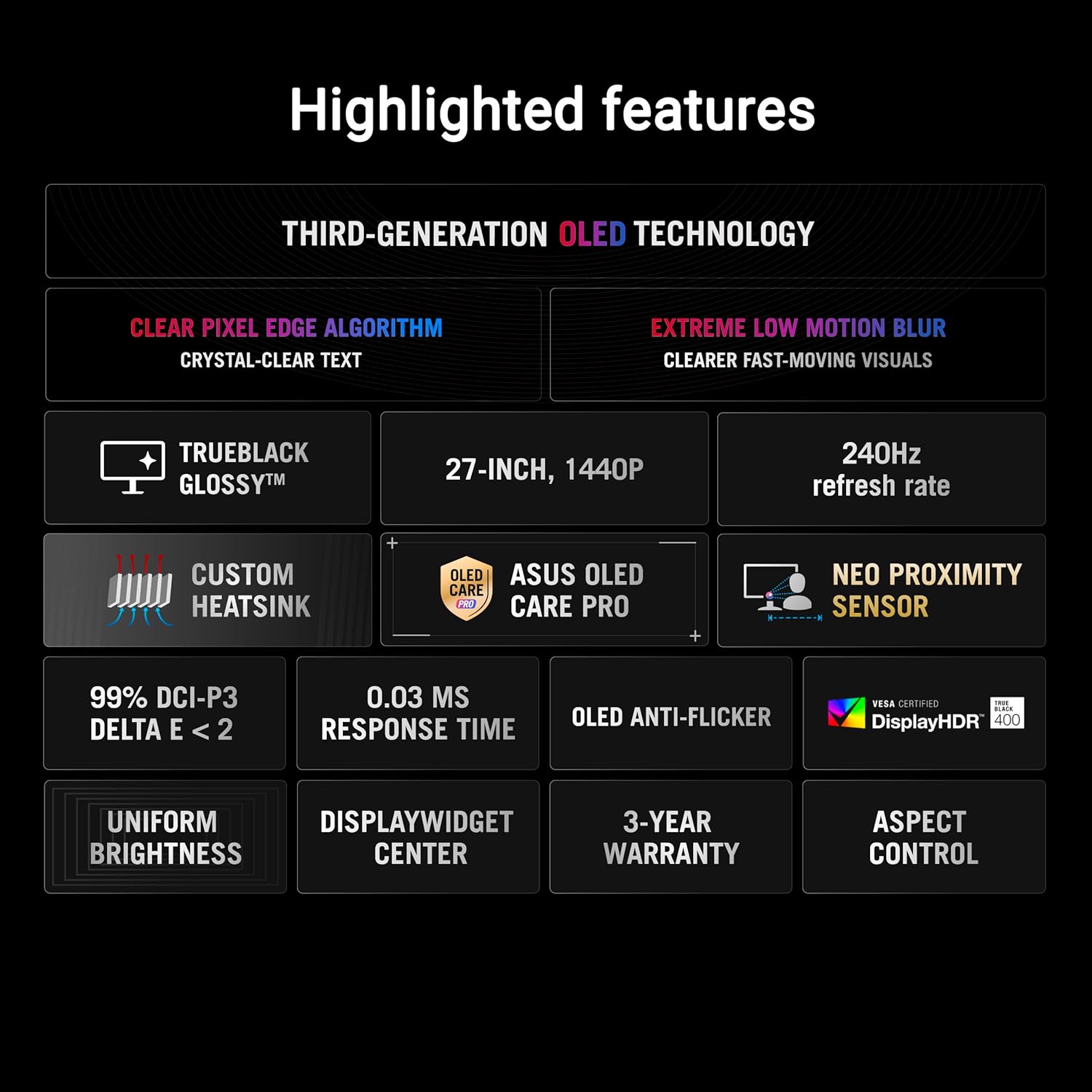 ASUS ROG Strix 27” OLED Gaming Monitor (XG27AQDMGR) - 27-inch (26.5-inch viewable) 1440p TrueBlack Glossy, 240 Hz, Neo Proximity Sensor, OLED Care Pro, ELMB, DisplayWidget Center