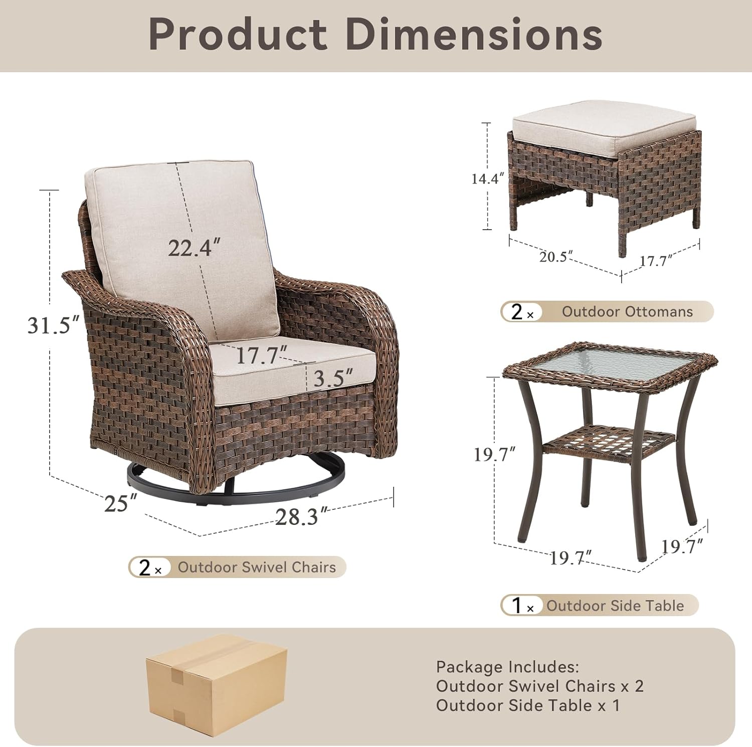 5 Pieces Wicker Outdoor Patio Furniture Set-All-Weather Wicker Patio Swivel Glider Chairs with 2 Ottoman and Glass Side Table, Outdoor Patio Conversation Sets for Porch Balcony Deck Beige/Brown