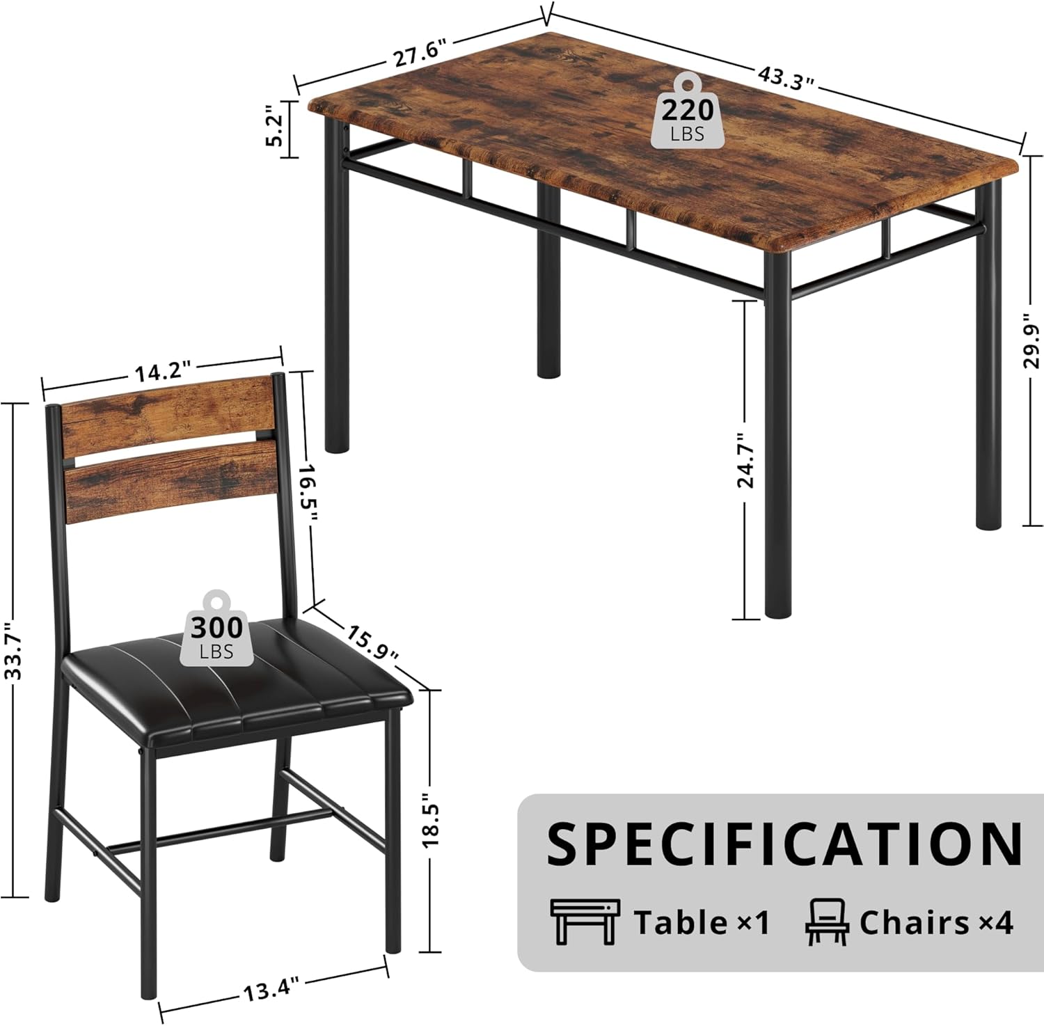 IRONCK Dining Table Set for 4, Wood Kitchen Table with Upholstered Chairs for Kitchen Room and Small Spaces, Rustic Brown