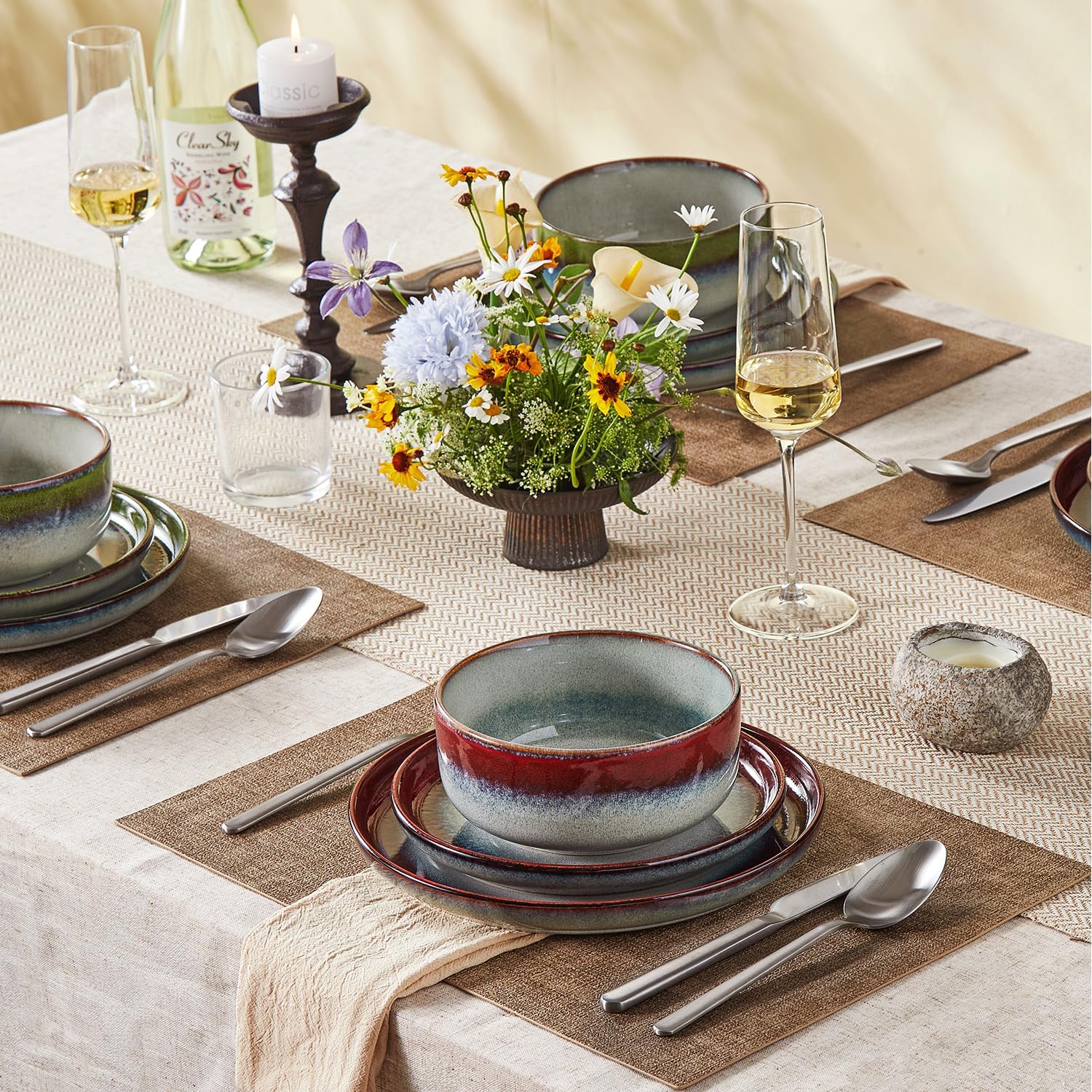 KINGSTONE Stoneware Dinnerware Sets for 4, 12-Piece Reactive Glaze Plates and Bowls Sets, Scratch-Resistant Rustic Ceramic Dish Set for Home Kitchen, Microwave and Dishwasher Safe, Kiln-Fired Red