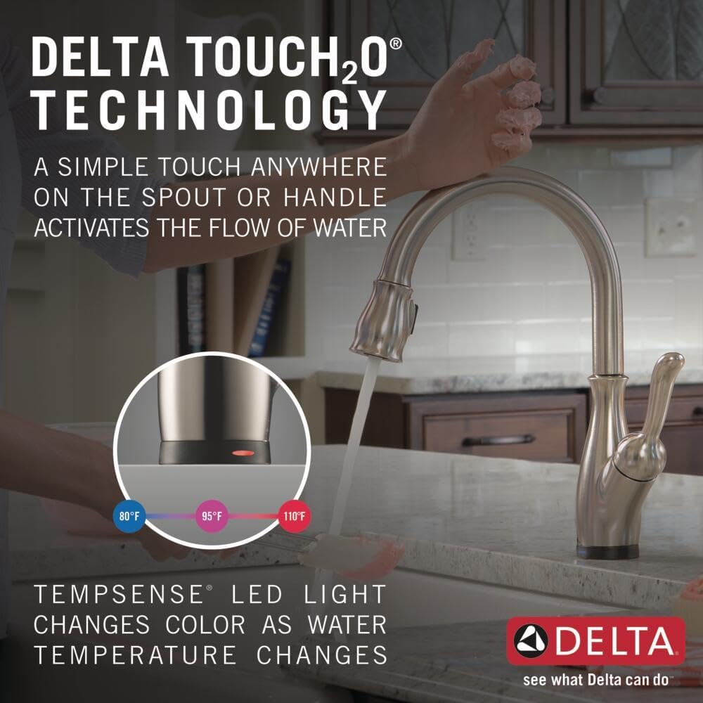 Delta Leland Brushed Nickel Touch Kitchen Faucet with Pull Down Sprayer, Traditional Single Hole Touch On Kitchen Sink Faucet, Single Handle, SpotShield Stainless 9178T-SP-DST