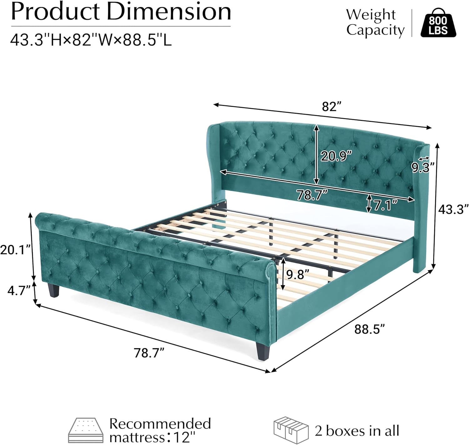 Christopher Knight Home Elley Velvet Upholstered King Size Bed Frame with Wingback Headboard, Modern King Bed Frame and Headboard, Wooden Slats, Easy Assembly, No Box Spring Needed, Turquoise Green