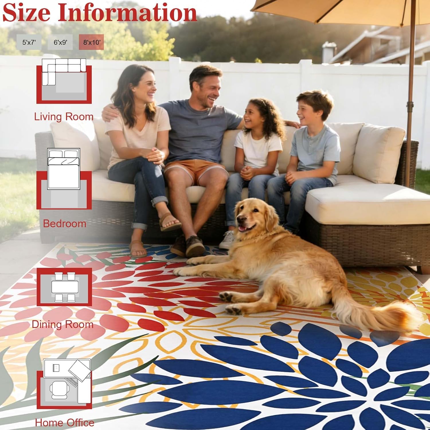 Yinhua Dahlia Floral Outdoor Rug 8x10 Colorful Indoor Outdoor Rugs Washable Patio Rug Non Slip Large Flower Area Rug Low Pile Outdoor Carpet for Patio, Deck, Porch, Balcony, Camping, Red and Blue