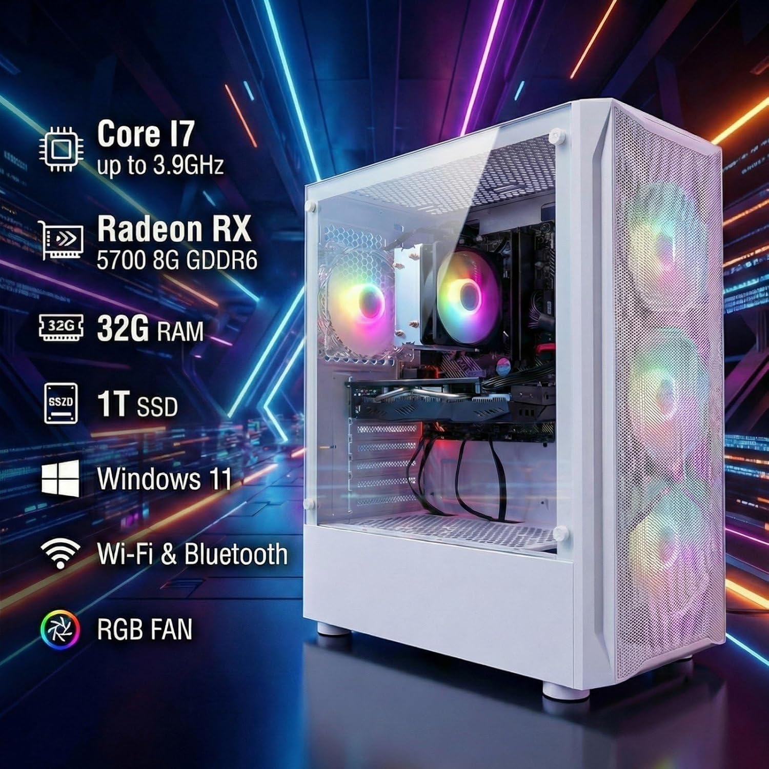 STGAubron Gaming Desktop PC, Intel Core i7 3.4G up to 3.9G, 32G RAM, 1T SSD, Radeon RX 5700 8G GDDR6, WiFi 6, BT 5.0, RGB Fan x 4, Windows 11 Home