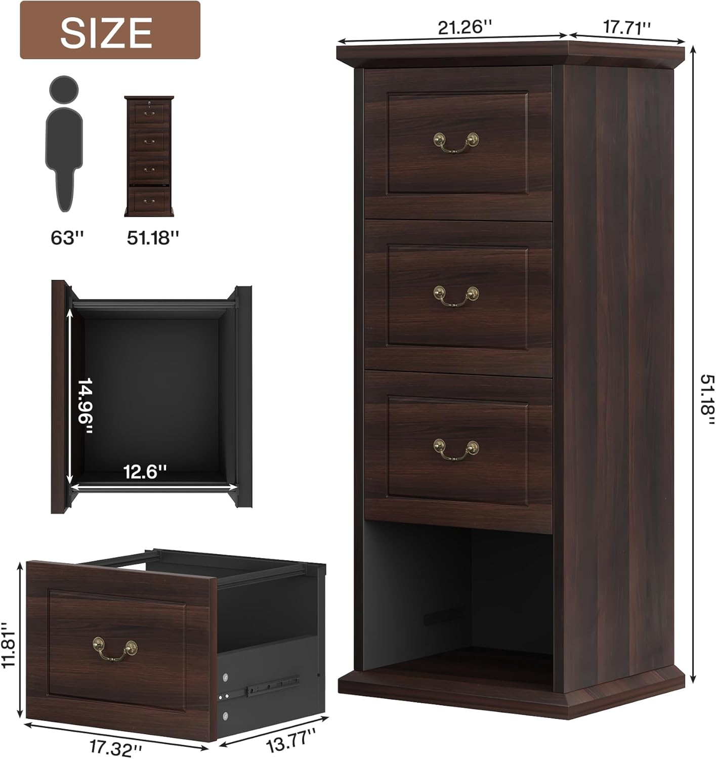 Tribesigns 4-Drawer File Cabinet, Vertical Wood Filing Cabinet for A4/Letter/Legal Size, Tall File Storage Printer Stand with Hanging Rails for Home Office, Classic Dark Walnut Finish