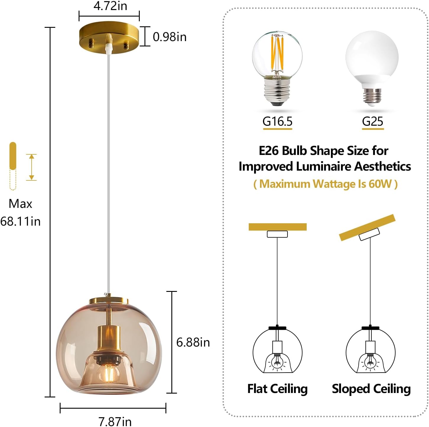 Light Coffee Glass Pendant Lights Kitchen Island Gold Hanging Light Fixture Glass Globe Pendant Light Modern Pendant Lighting for Kitchen Island Bedroom Dining Room (7.87