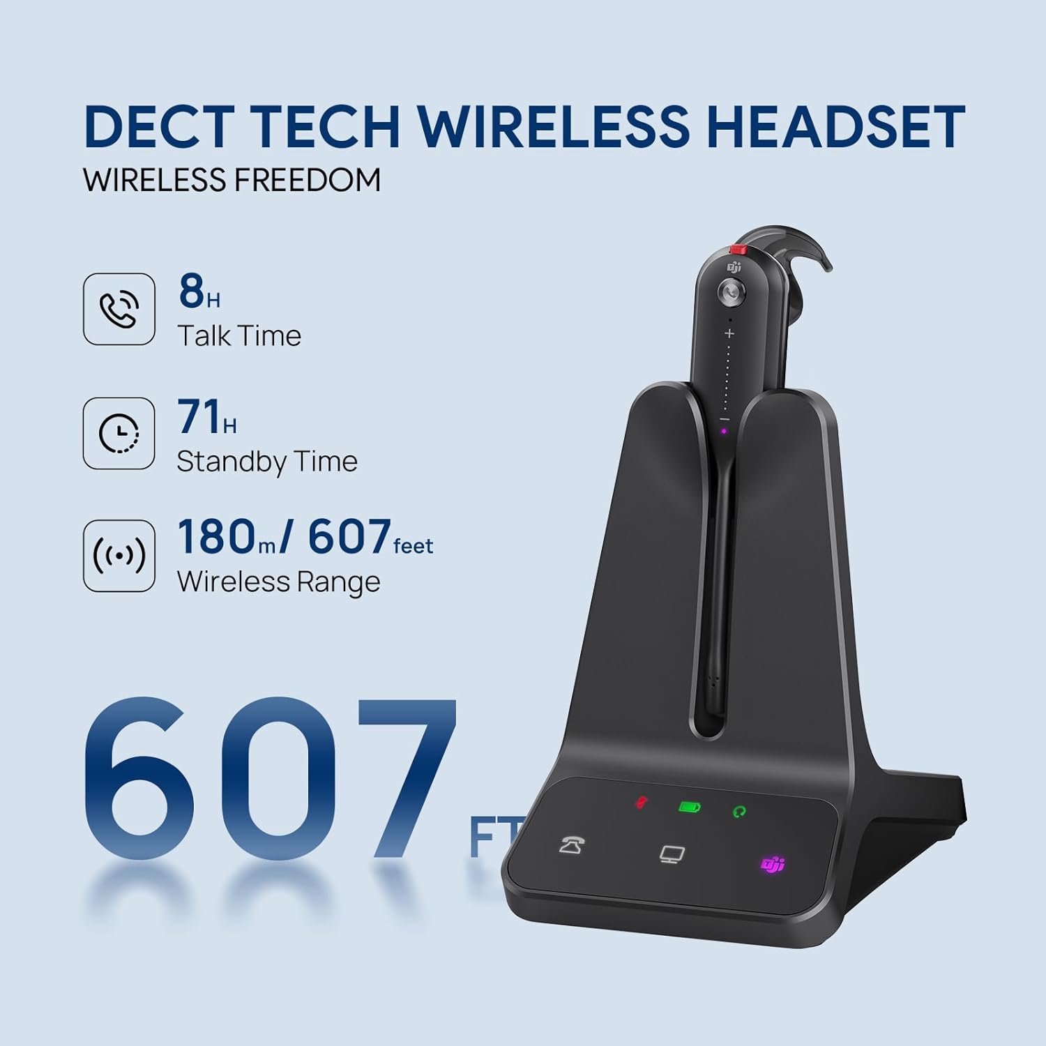 Yealink DECT Wireless Headset WH63 E2,Teams Certified,Single Ear(Mono) Office Headset for Desk Phone and Computer Softphone,Noise Cancelling Mic, 607Ft Range,3 Wearing Styles