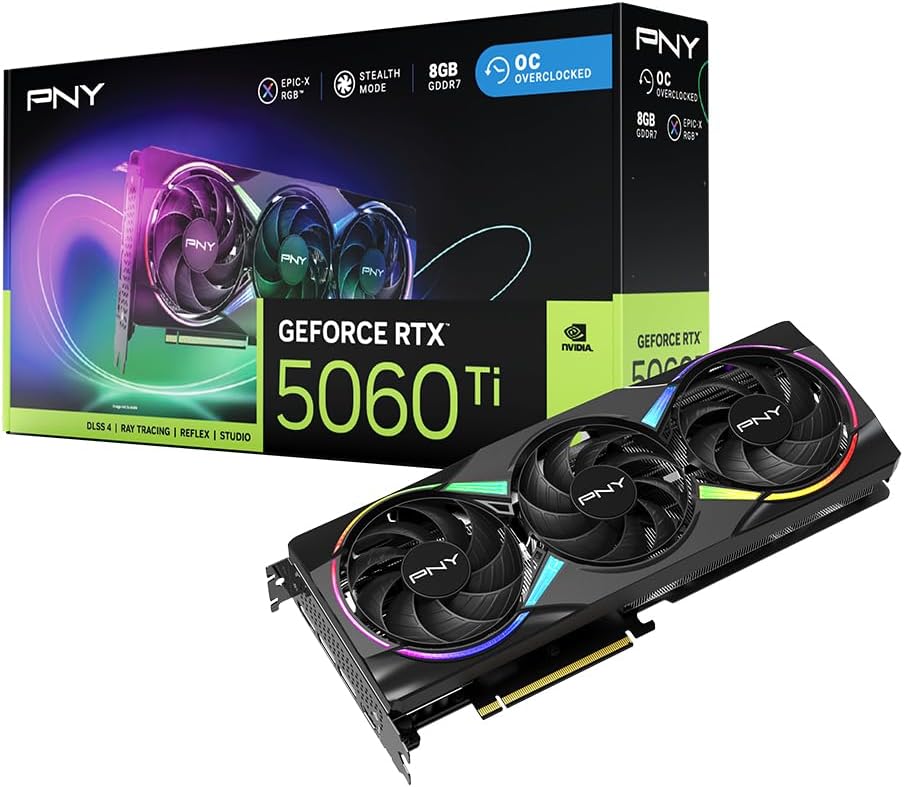 PNY NVIDIA GeForce RTX™ 5060 Ti Epic-X™ ARGB OC Triple Fan, Graphics Card (8GB GDDR7, 128-bit, Boost Speed: 2692 MHz, SFF-Ready, PCIe® 5.0, HDMI®/DP 2.1, 2-Slot, NVIDIA Blackwell Architecture, DLSS 4)