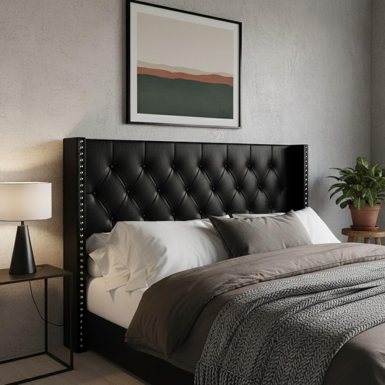 HOME DESIGN Sonoma King Tufted Upholstered Headboard, Wingback Design with Nailhead Trim and Foam Padding, Black