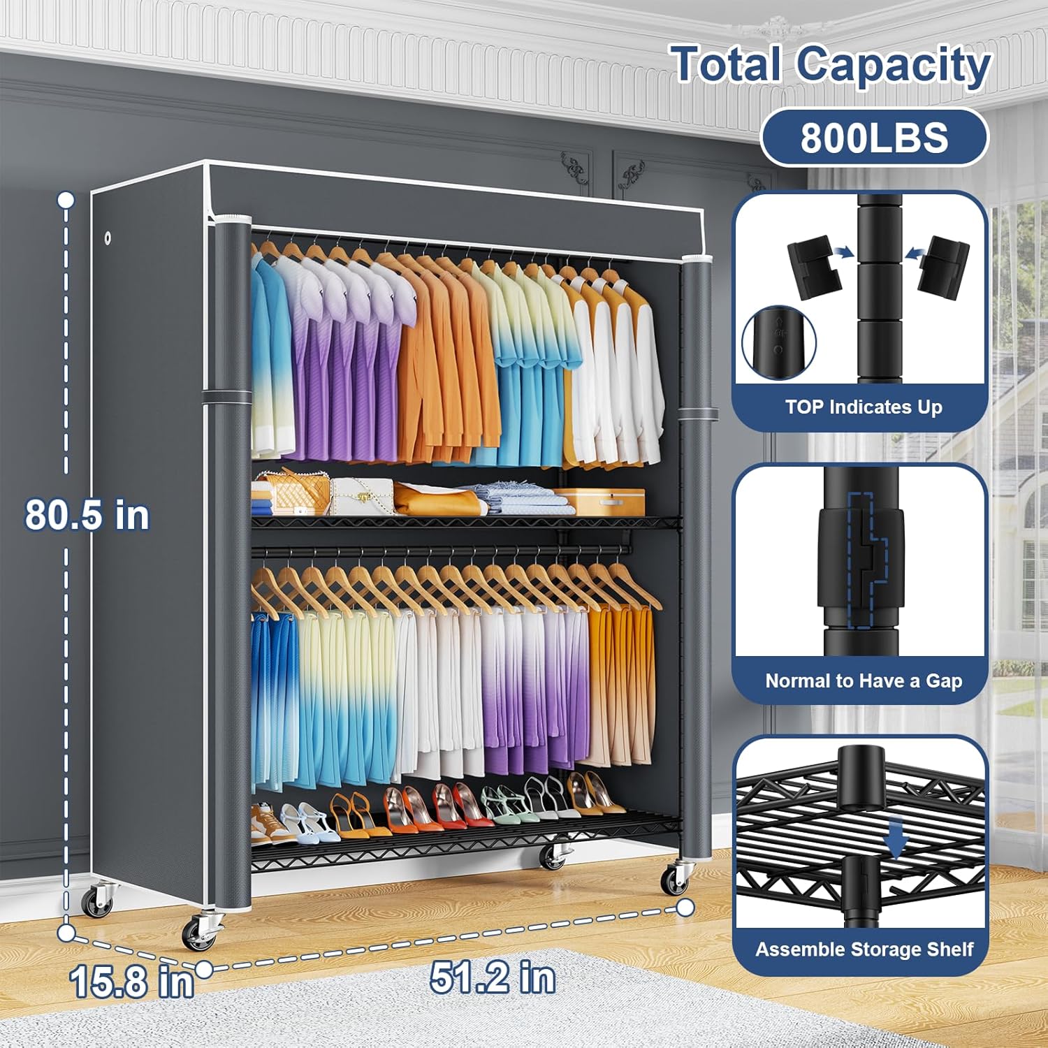 ULIFHOME P8C Max Heavy Duty Clothes Rack（With Extended Width Design） Rolling Clothing Racks for Hanging Clothes with Lockable Wheels .51.2
