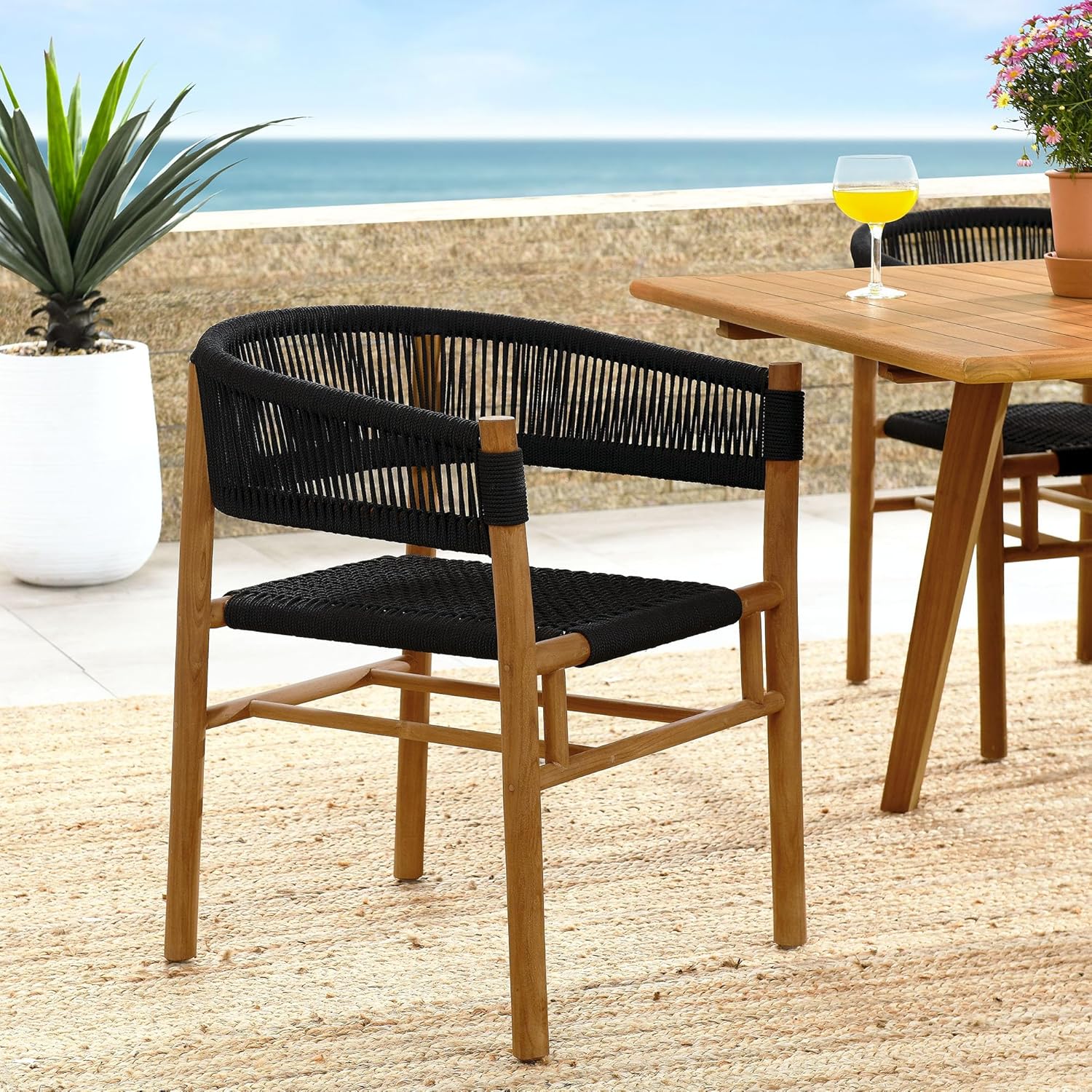 Modway Vienna Outdoor Patio Teak Wood Dining Armchairs with Curved Back Set of 2 in Natural Black – Weather-Resistant Woven Rope Patio Chairs – Stackable Outdoor Accent Chairs for Backyard, Garden