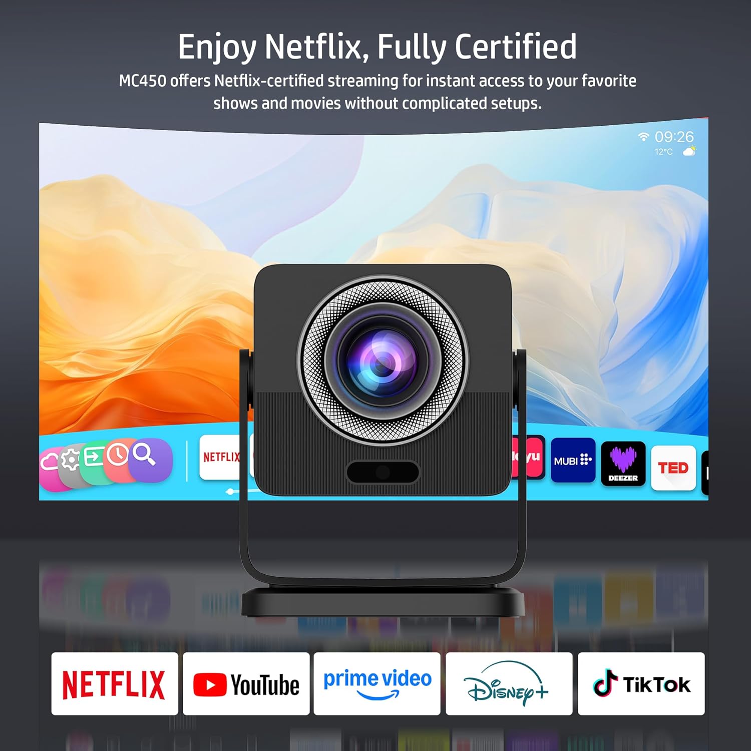 HP MC450 Smart Mini Portable Projector with WiFi & Bluetooth, Official Licensed Apps, Short Throw Projector with 4K Support, Voice Control, USB-C, Movie Projector for Bedroom & Outdoor
