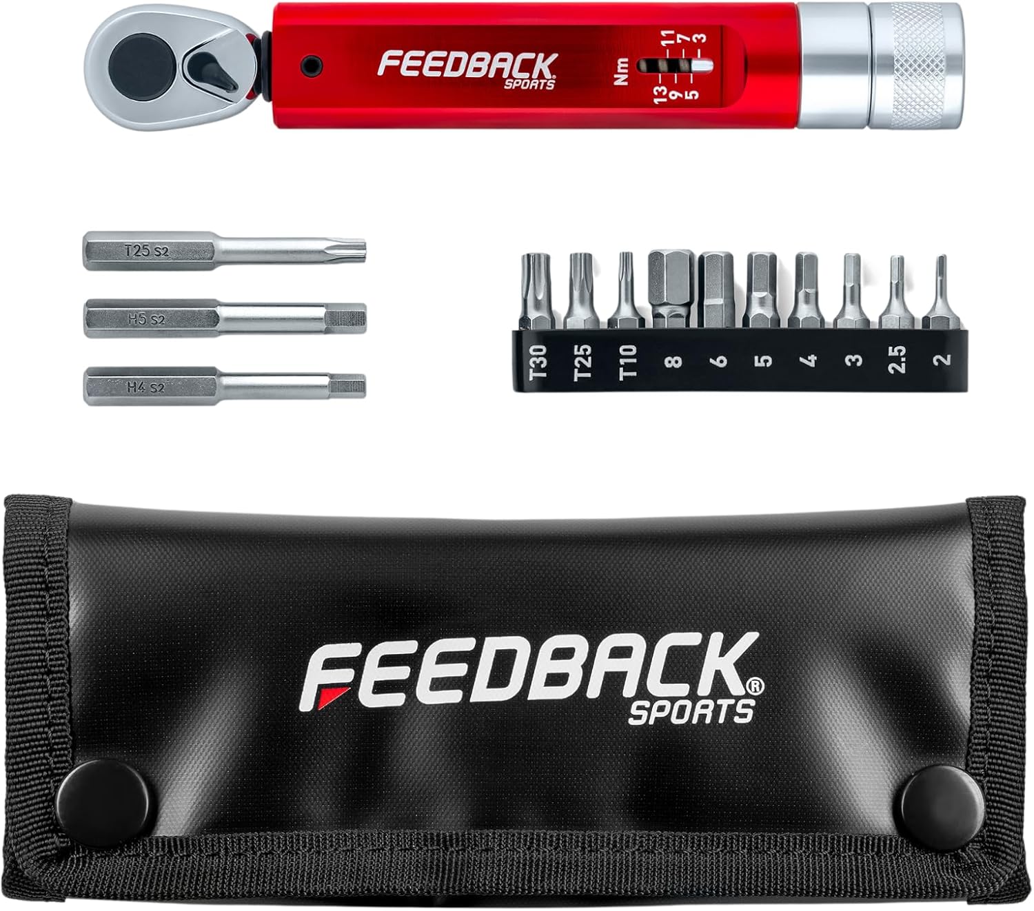 Feedback Sports | Range Click Torque Wrench Set | Adjustable Torque Ratchet Bit Driver 2-14Nm | 13 S2 Steel Hex & Torx Bits | TPU Protective Carrying Case | Bicycle Tool Kit | Mini Torque Wrench